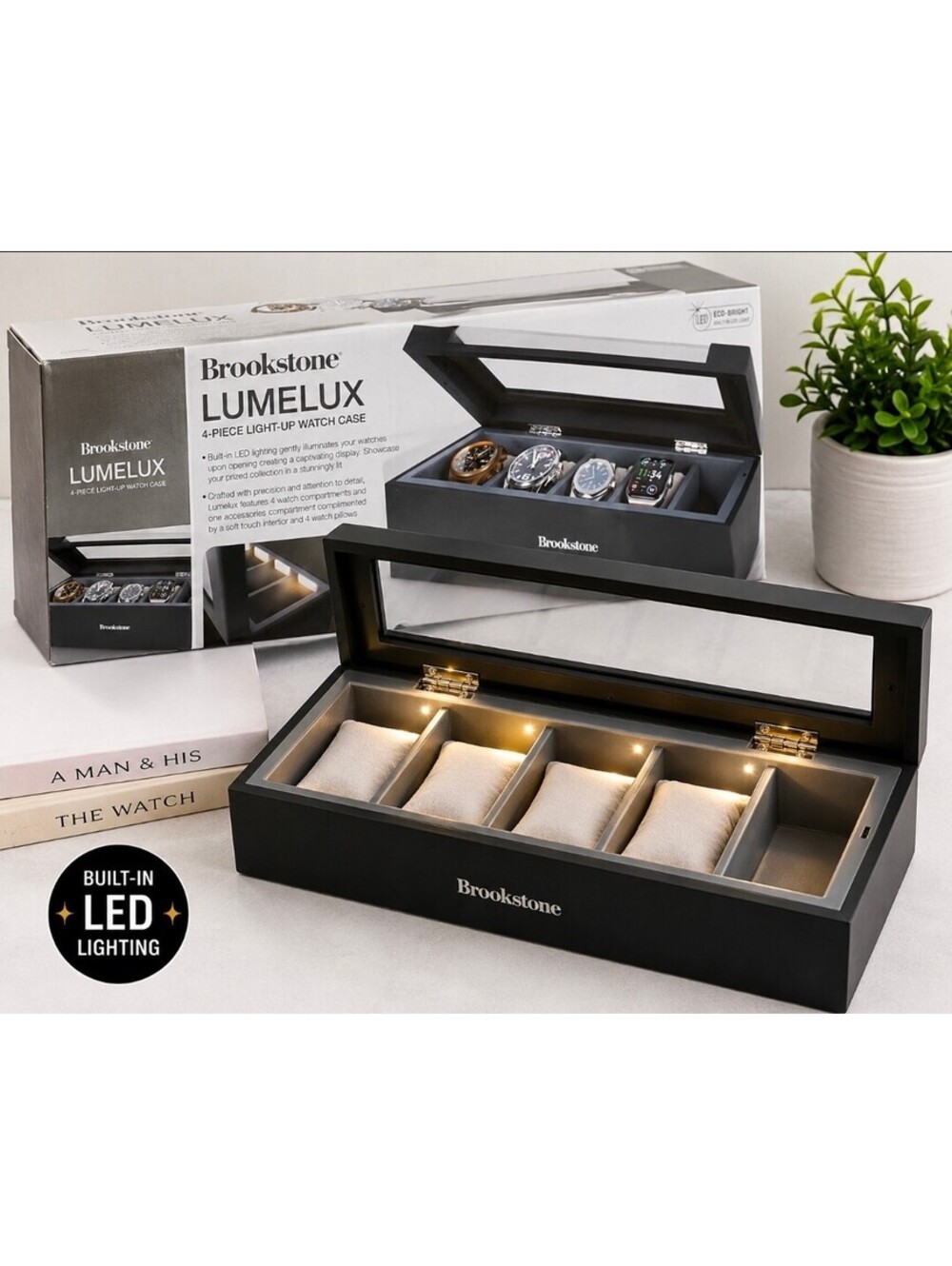 Brookstone Lumelux 4-Piece LED Light-Up Watch Display Case Black w/ Box